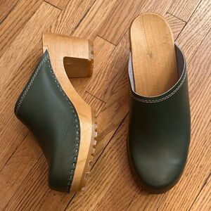 Women’s Green Leather Wooden Clogs